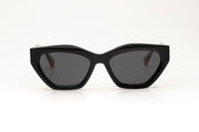 Sunglasses with black acetate frame, with red detail, on a white background.