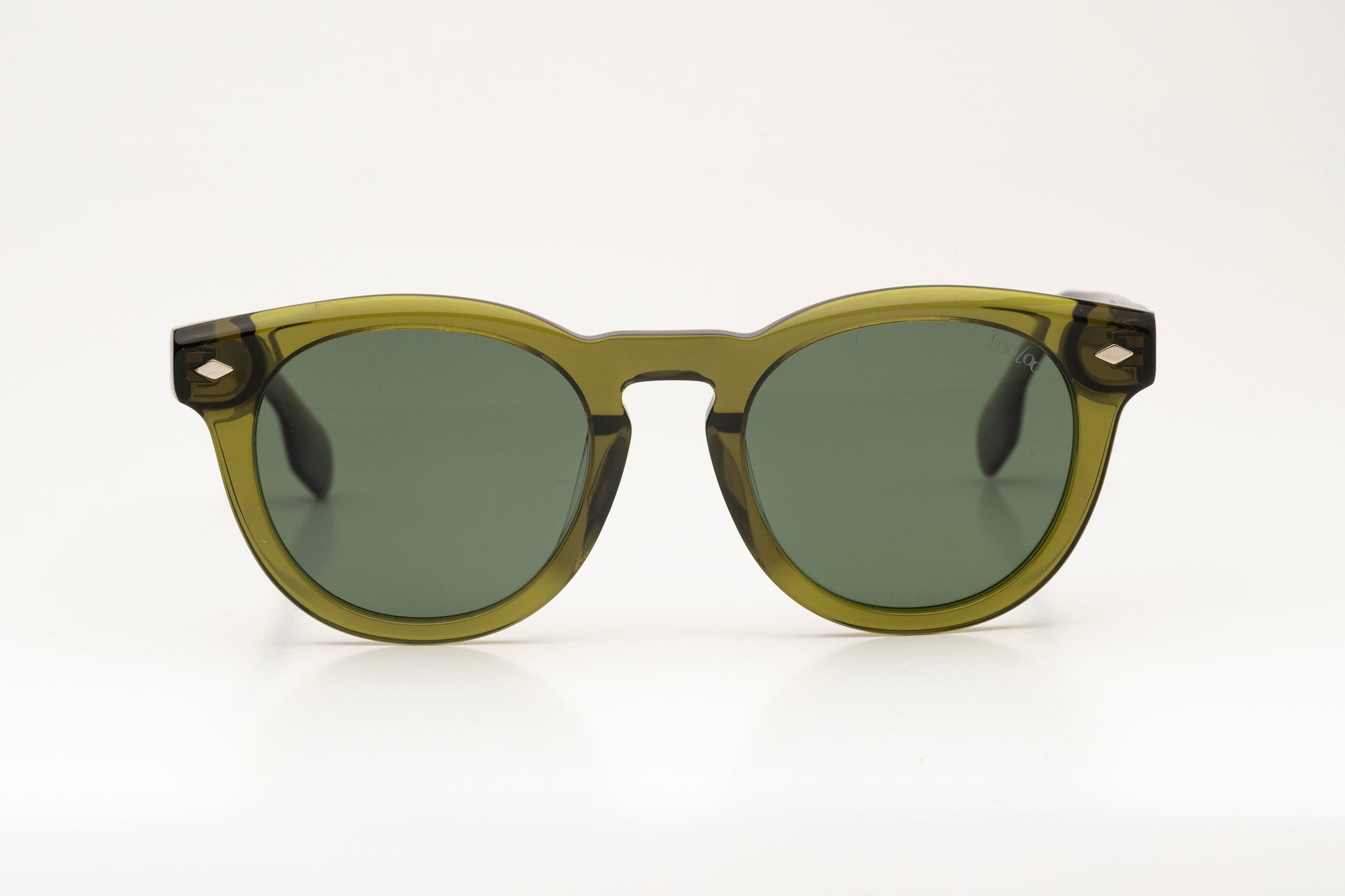 Sunglasses with green acetate frame and green lenses on a white background.